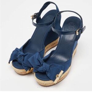 Tory Burch Navy Blue Canvas Espadrille Wedge Sandals with Bow 6.5